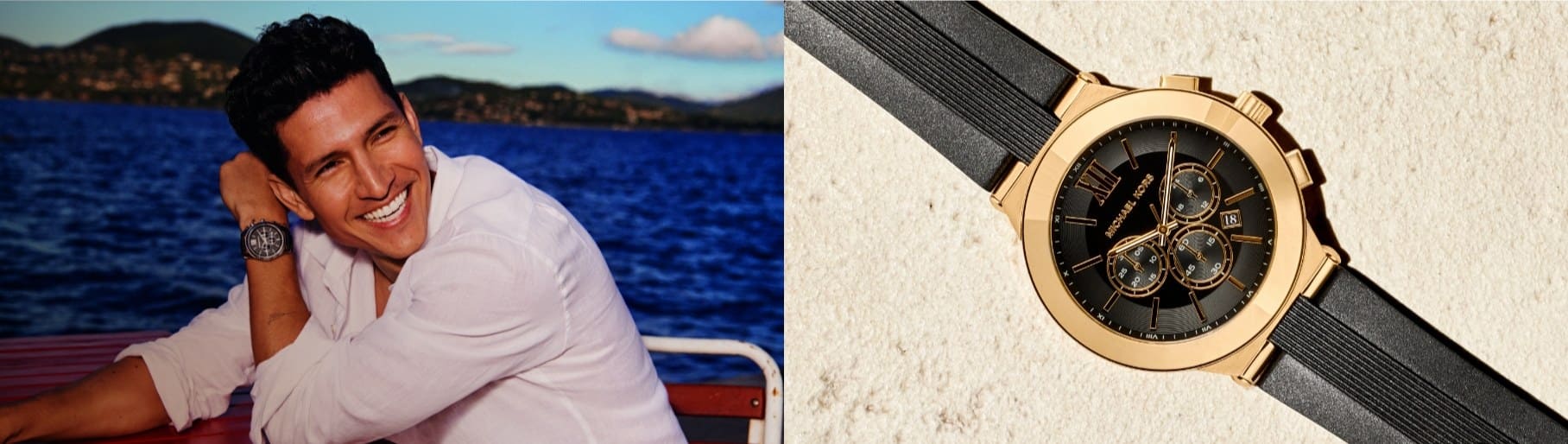 Imagen de mujer junto a par de relojes dorado y plateado. MICHAEL KORS