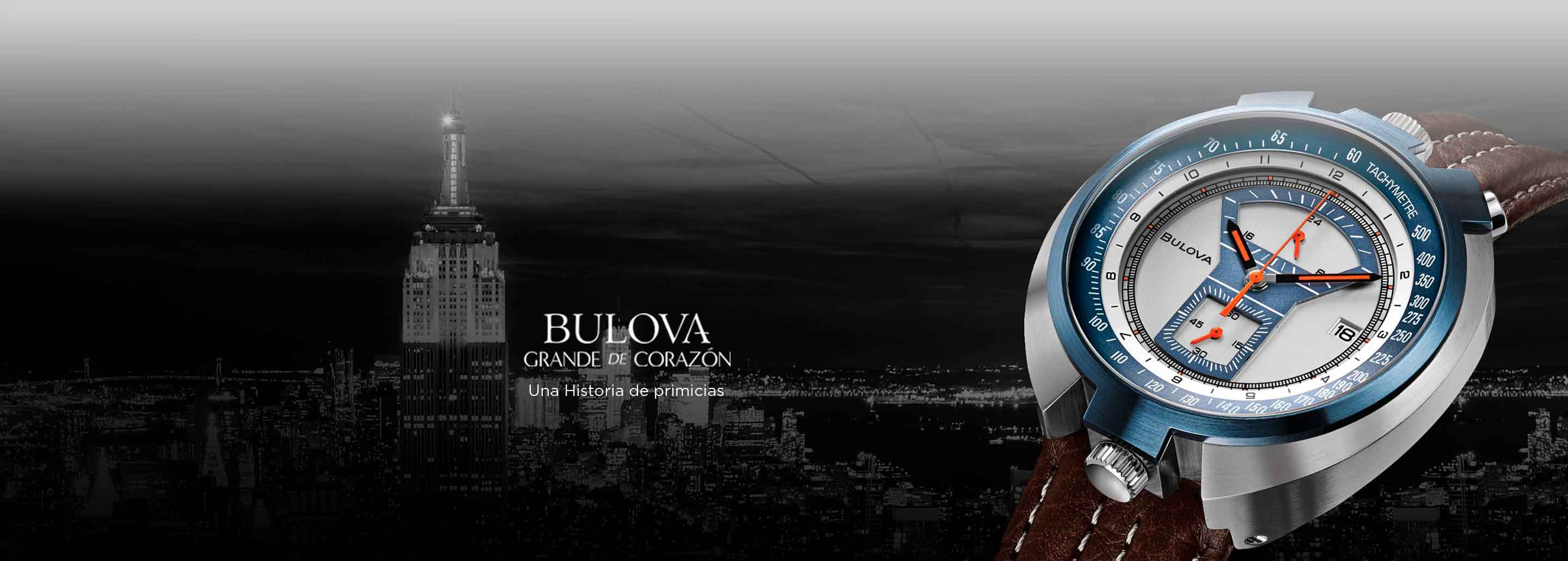 Imagen de un reloj de la marca BULOVA, color plateado con caratula azul y extensible cafe, de fondo una ciudad en la boche con las luces de los edificios prendidas. BULOVA