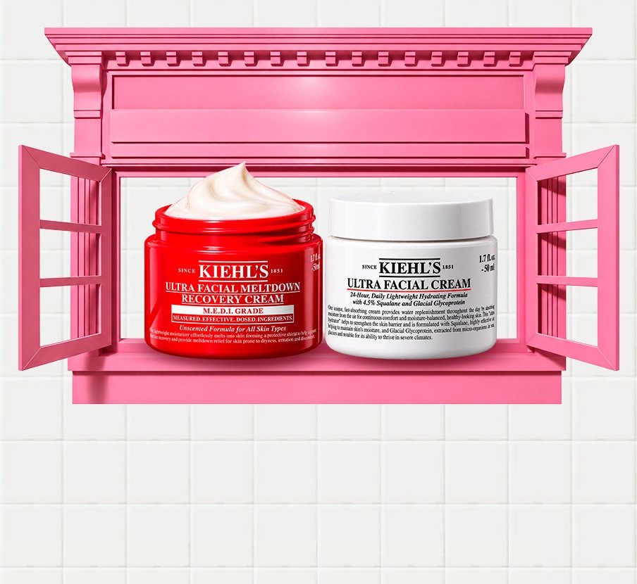 Imagen de dos tarros de crema uno color rojo y otro color blanco de la marca KIEHL'S, KIEHL'S