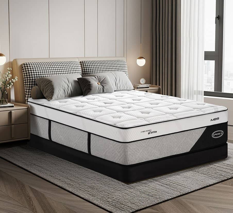 imagen de un cuarto con una base color negra y con colchon blanco con negro de la marca AMÉRICA