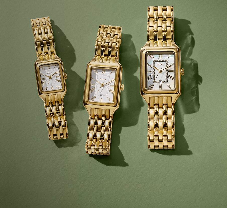 imagen de 3 relojes dorados con caratula blanca de la marca FOSSIL