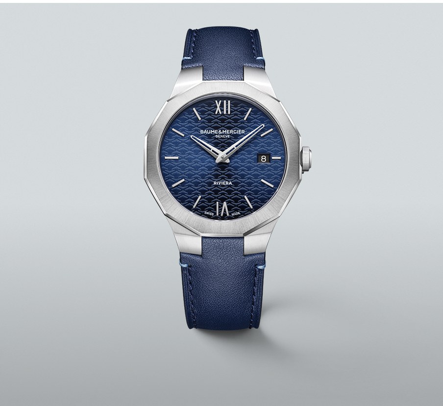 imagen de reloj plateado con azul de la marca BAUME & MERCIER