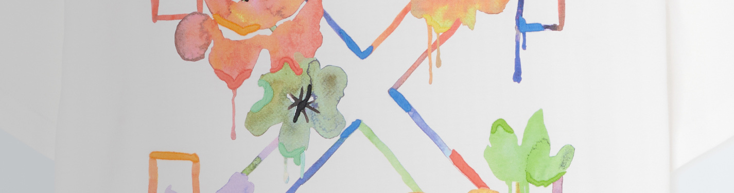 Imagen del logo de la maraca OFF WHITE un tache con fechas en los esquinas, pintado con acuarelas de diferentes colores. OFF-WHITE