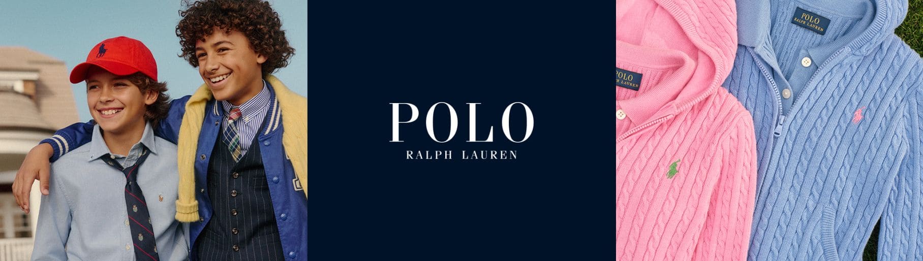 imagen de niña con un conjunto de camisa azul cielo y vstiso azul marino, en medio nombre de la marca POLO RALPH LAUREN, del lado derecho niño con ropa de mezclilla y chamarra verde con mangas color hueso