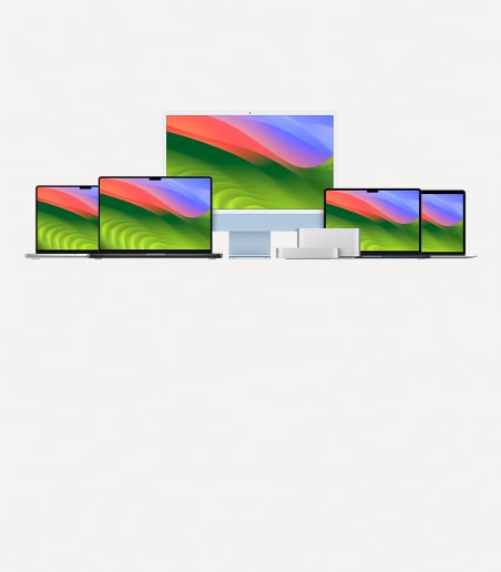 imagen de 6 monitores de laptops y uno de pc proyectando imagen naranja APPLE