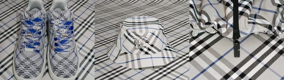 imagen de  par de tenis y gorro  a cuedros  color negro con blanco de la marca, BURBERRY