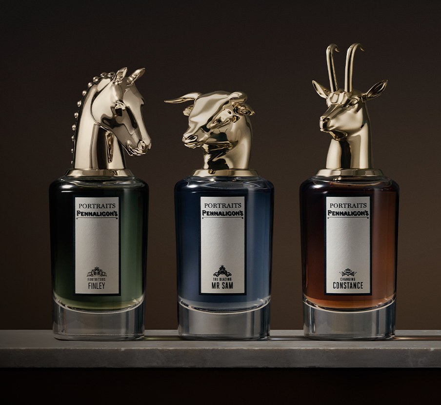Imagen de 3 lociones con tapas con cabeza de toro, caballo y ciervo de la marca PENHALIGON’S