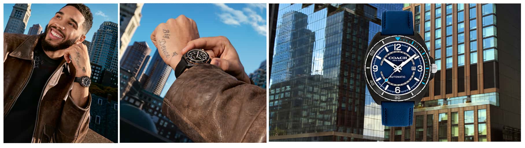 imagen de hombre junto a reloj azul de la marca COACH