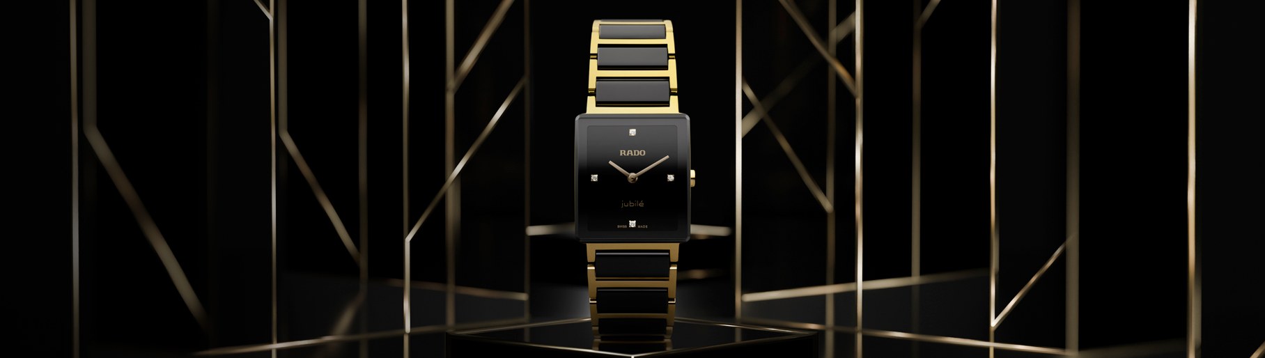 imagen de reloj cuadrado negro con dorado de la marca RADO