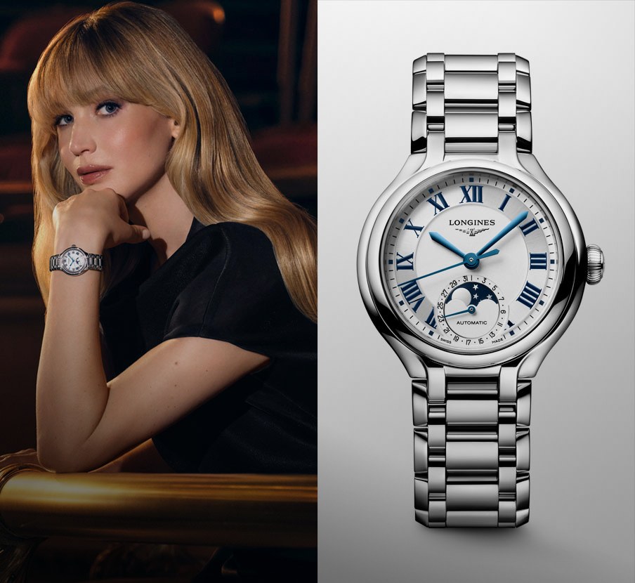 imagen de mujer junto a reloj plateado con detalles azul de la marca LONGINES