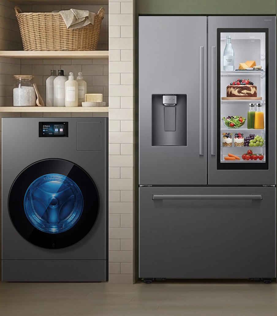 imagen de refrigerador y lavadora plateados de la marca SAMSUNG