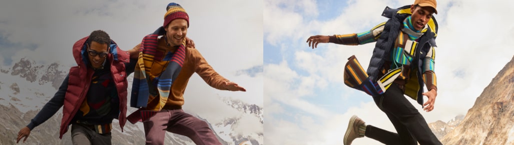 imagen en dos partes, dl lado izquierdo dos hombres con ropa abrigadora, chamarra, sueters, gorros y bufandas, de fondo montañas con nieve, del lado derecho un hombre con ropa abrigadora. HARMONT-BLAINE