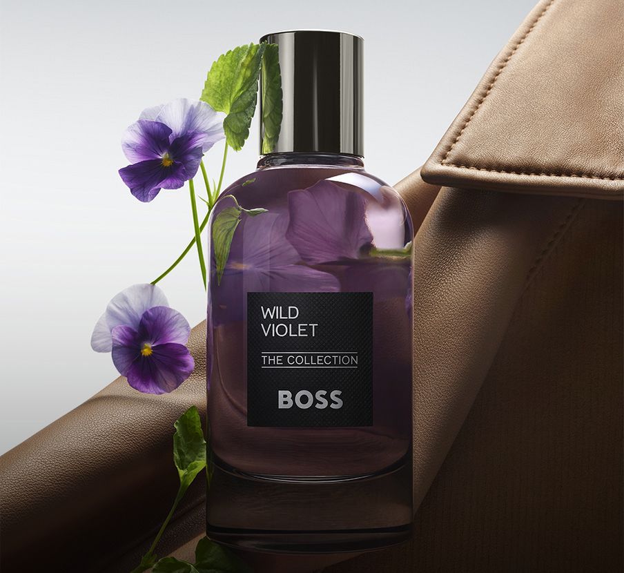 Imagen de locion morada con negro de la marca, HUGO BOSS