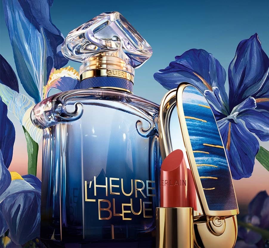 Imagen de locion azul con tapa dorada de la marca GUERLAIN