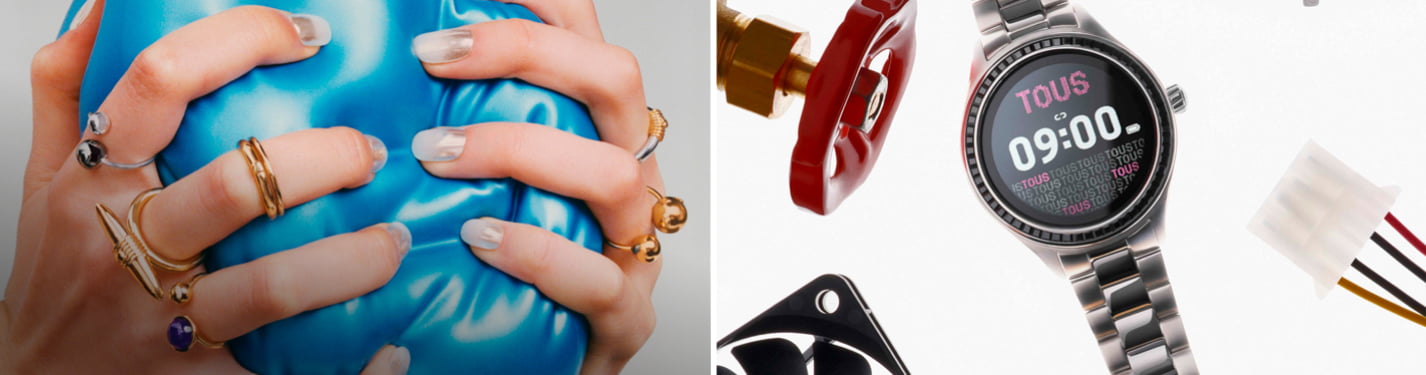 Imagen en dos partes de un lado las manos de una mujer con una pelota azul aplretada con anillos en sus dedos, del otro lado un reloj negro de la marca TOUS