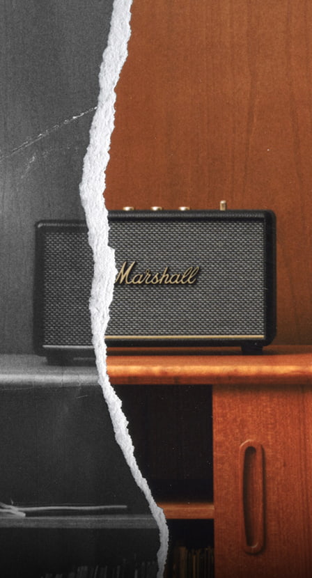 Imagen de un bocina grande color negra de la marca MARSHALL. MARSHALL