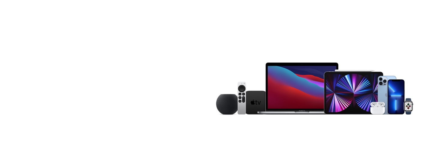 Imagen de distintos dispositivos de la marca APPLE, tales como: apple TV, bocinas, computadora portátil, ipad, iphone, air pods, apple watch. APPLE