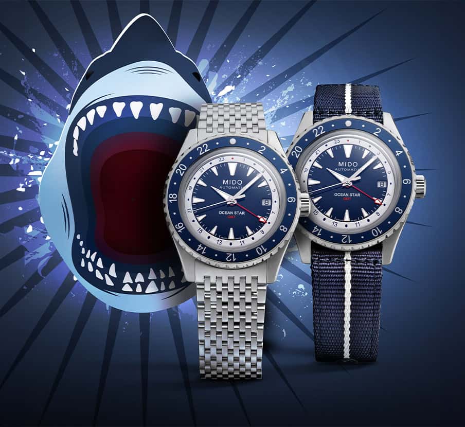imagen de dos relojes con detalles en azul marino junto a boca de tiburon, MIDO