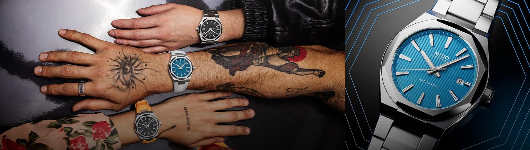 Imagen de tres relojes de color plateado de diferentes modelos de la coleccion multifort, MIDO