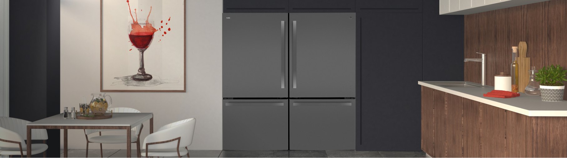 imagen de refrigerador gris de la marca GE PROFILE