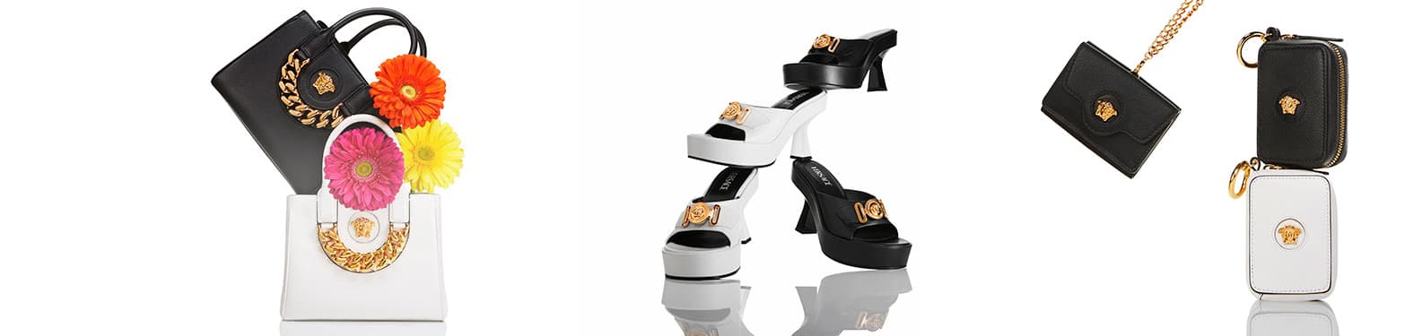 Imagen de tres productos diferentes de la marca VERSACE, de lado izquierdo dos bolsos con broches de la marca VERSACE, uno de color negro y otro color blanco, en medio dos pares de zapatillas unsa colore negras y otras blancas con broches dorados de la marca VERSACE, de lado izquierdo, una cartera negra con cadena larga dorada y dos monedreos uno blanco y otro negro. VERSACE