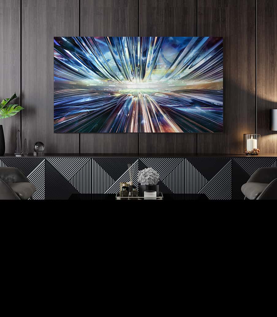 imagen de sala de estar con pantalla reproduciondo imagen de cristales azules, SAMSUNG