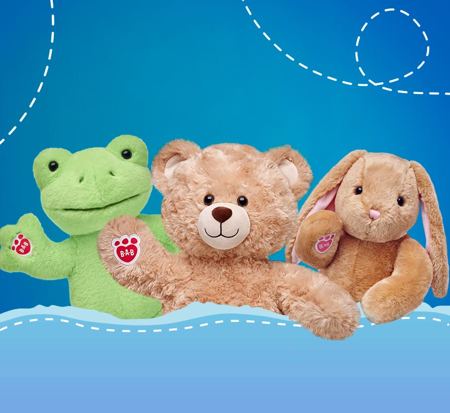 imagen de rana, oso y conejo de peluche la marca BUILD BEAR