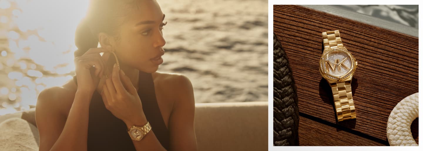 Imagen en dos secciones, de lado izquierdo una mujer quitandose un arete dorado, lleva un reloj dorado de la marca MICHAEL KORS, de lado derecho la imagen de un reloj dorado con las letras MK de la marca MICHAEL KORS en la caratula, Relojes MICHAEL KORS