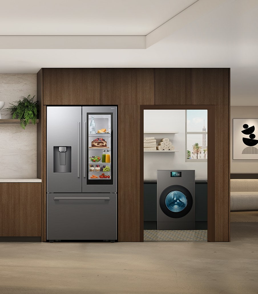 Imagen de refrigerador y secadora gris de la marca SAMSUNG