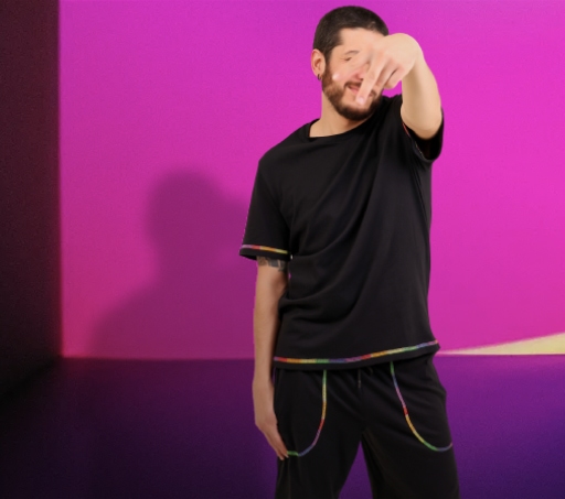 Imagen de un hombre con ropa negra en fondo morado. Pride