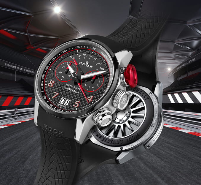 Imagen de reloj negro con plateado y detalles rojos, EDOX