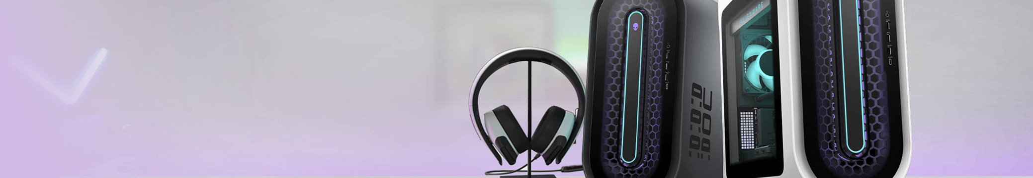 Imagen de unos audifonos gaimer color blancos y dos cpu Alienware, uno color negro y el otro color blanco, Marcas DELL