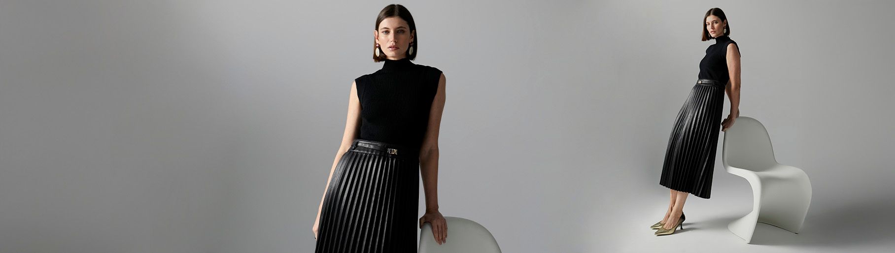 imagen de mujer con falda y blusa negras de la marca LOLA CASADEMUNT 