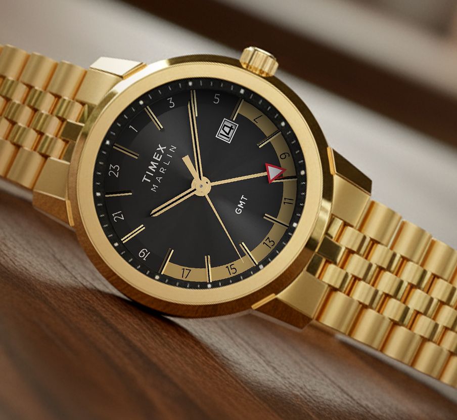 imagen de reloj dorado con caratula negra de la marca TIMEX