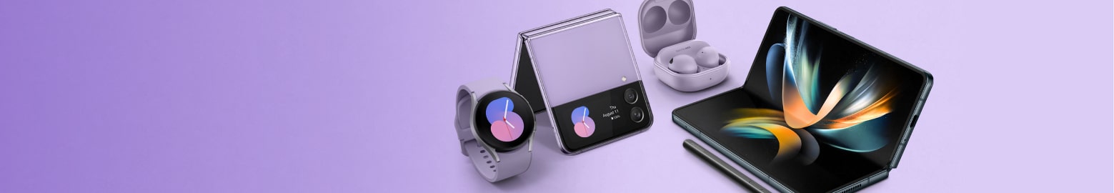 Imagen de celular galaxy z fold4, z flip4, smartwhatsch y audifonos. SAMSUNG