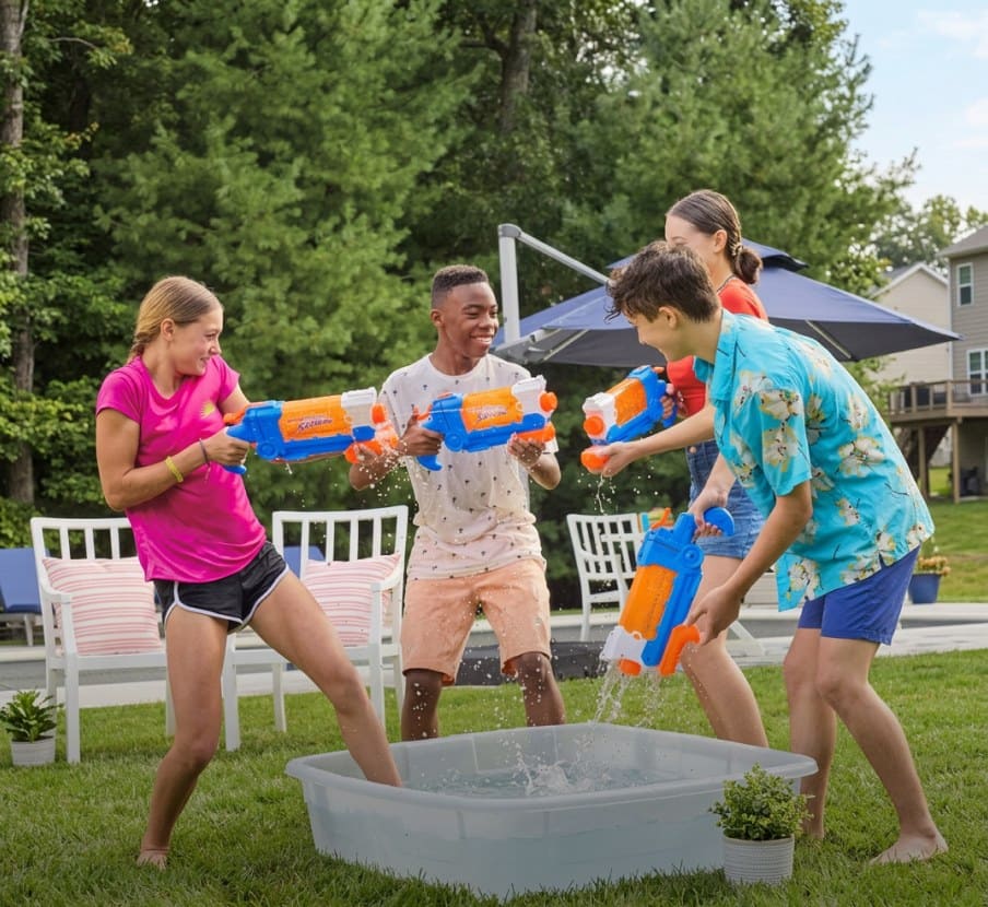 imagen de cuatro jovenes jugando en un jardin con pistolas de agua NERF de la marca HASBRO