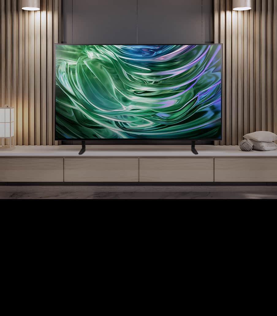 imagen de sala de estar con pantalla reproducieondo imagen de cristales verdes, SAMSUNG