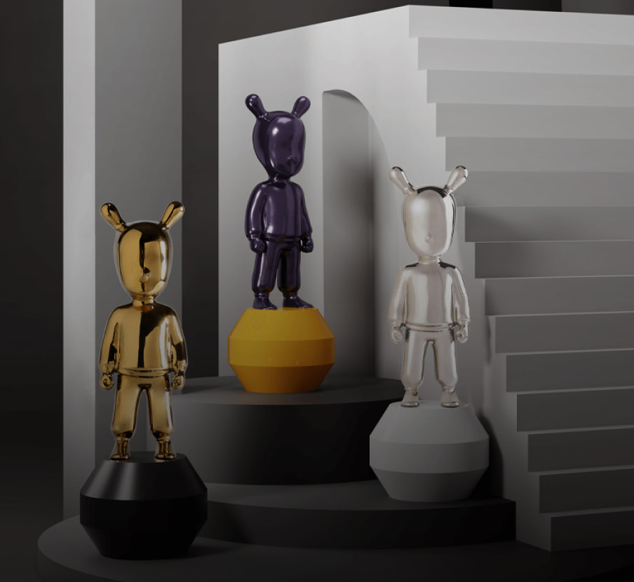 imagen de 3 figuras de diseño de diferentes colores de  de la marca LLADRÓ
