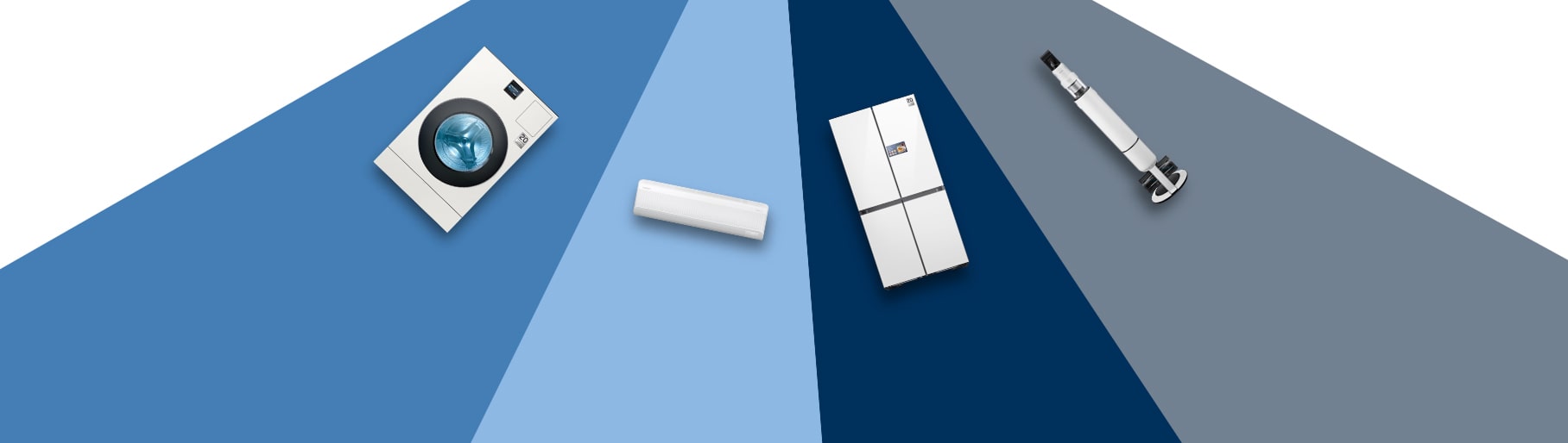 imagen de lavadora,refrigerador, aire acondicionado y aspiradora blancos de la marca samsung