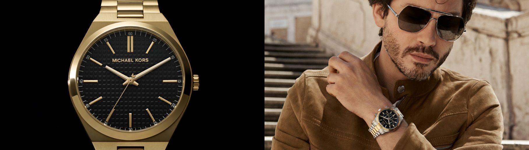 Imagen de un hombre junto a reloj dorado. MICHAEL KORS