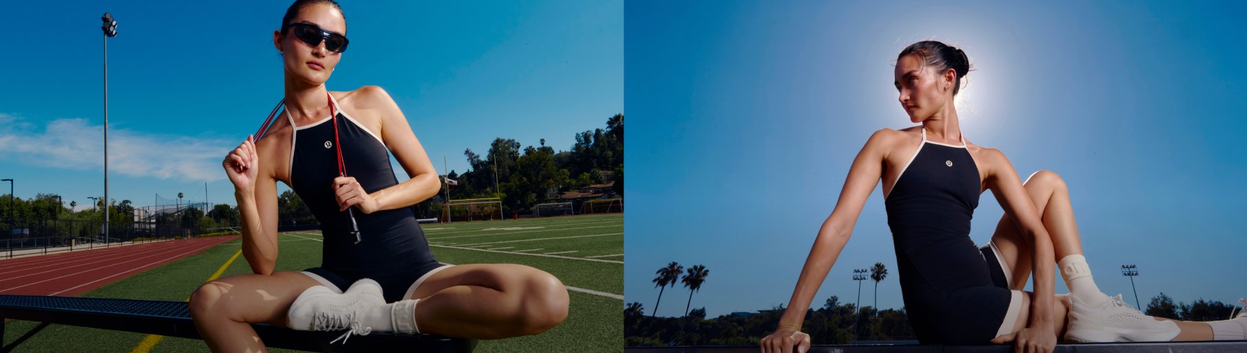 imagen de mujer con ropa azul de la marca LULULEMON