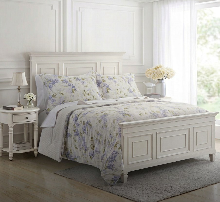imagen de cama con cobijas de la marca laura ashley