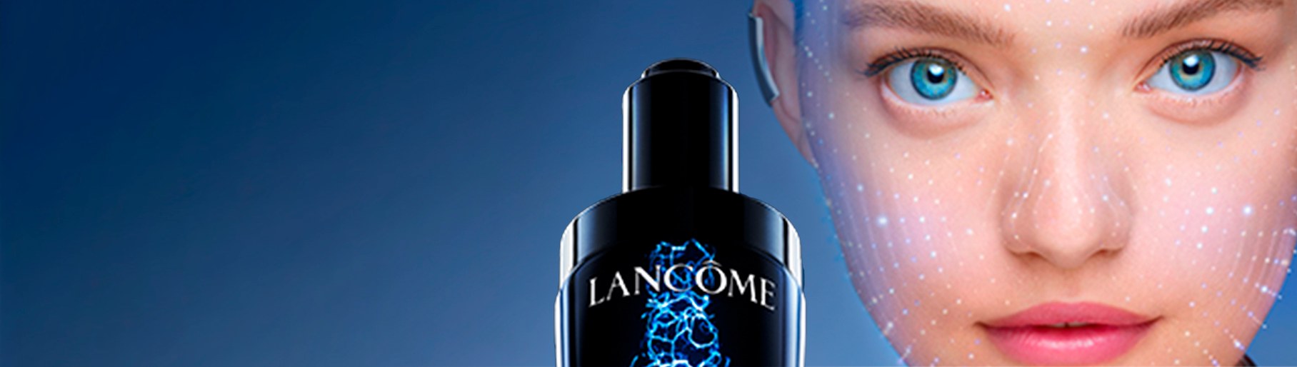 Imagen de mujer con botella de locion negra junto a su rostro. LANCÔME