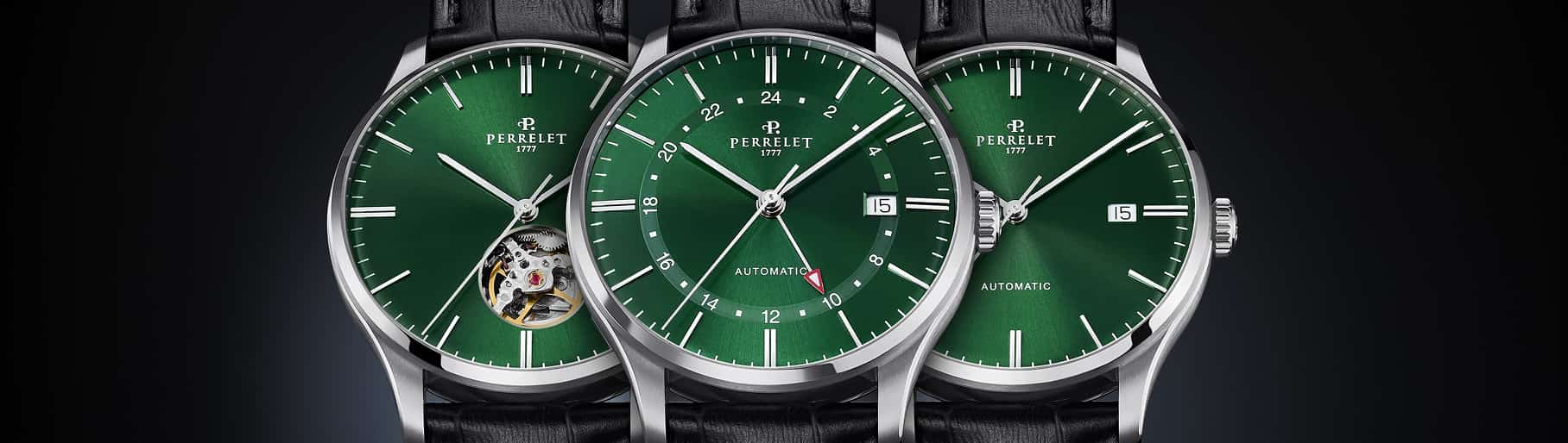 Imagen de tres relojes plateados con caratulas verde PERRELET
